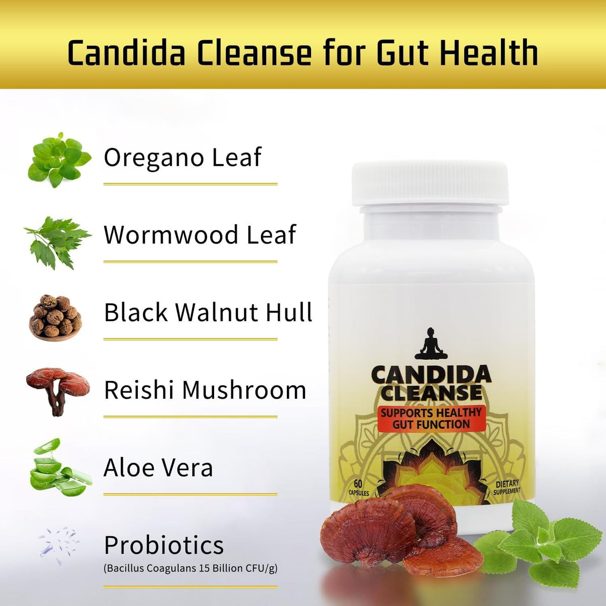 Candida Cleanse Gut Colon Support For Men & Women Natural Herbs For Intestinal Detox - Anti Yeast Overgrowth - Oregano Leaf, Wormwood, Black Walnut, Caprylic Acid