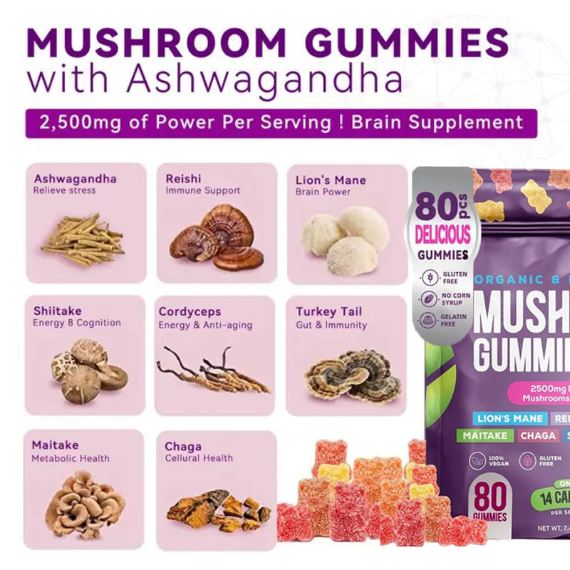 Nature Ashwagandha, Reishi, Lions Mane, Shiitake, Cordyceps, Turkey Tail, Maitake, Chaga Supplement Gummies - Mixed Fruits, 80 Gummies